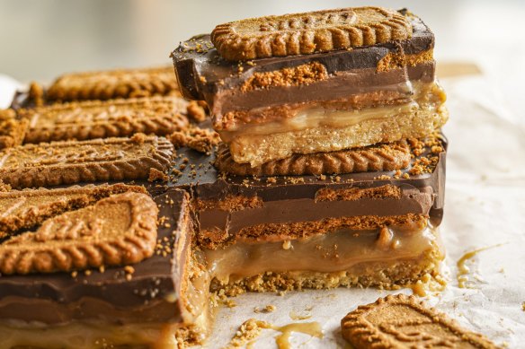 Katrina Meynink's double chocolate Lotus Biscoff caramel slice.