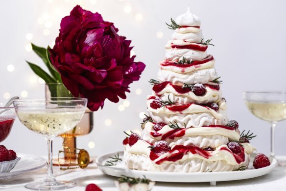 This stacked pavlova Christmas tree makes a grand table centrepiece.