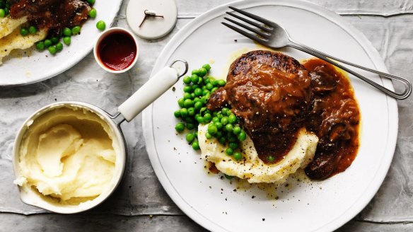 Salisbury steaks with mushroom and onion gravy.