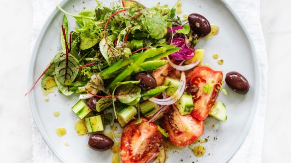 Cheese-free Greek salad.