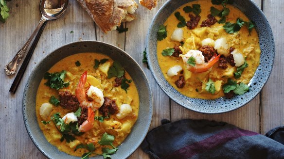 Chunky seafood chowder with chorizo jam.