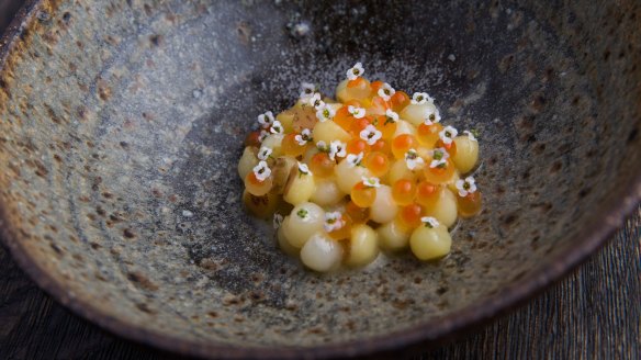 Potato spheres and salmon roe.