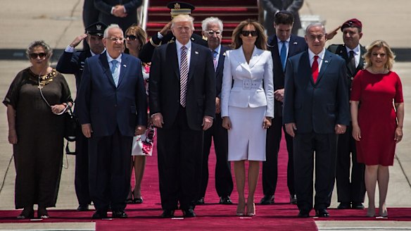 President Donald Trump and his wife Melania Trump standing with Israeli Prime Minister Benjamin Netanyahu and his wife Sara (right) and Israeli President Reuven Rivlin and his wife Nehama at Ben Gurion International Airport.