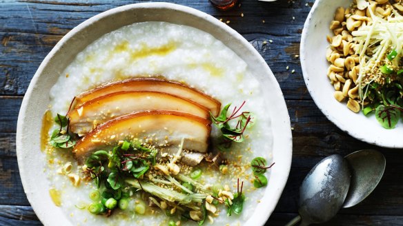 Chinese comfort food: Pork belly congee with ginger and soy.