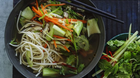 Kylie Kwong's vegetable and noodle soup.