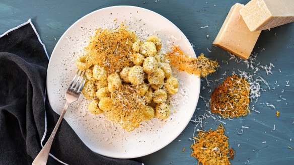 Cacio e pepe (cheese and pepper) gnocchi with cacio e pepe crisps.