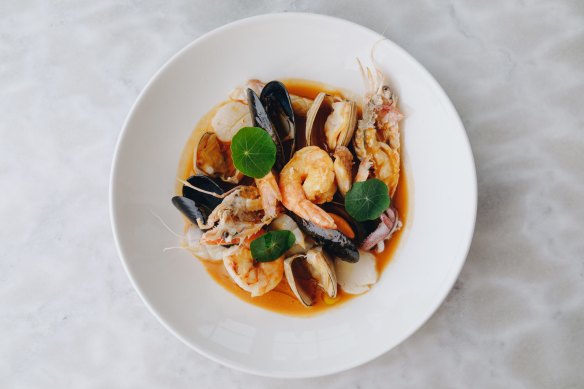 Brodetto di pesce with scampi, king prawn, Cloudy Bay clams, Port Arlington mussels, scallop, squid and prawn broth.