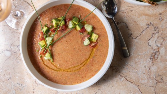 Gazpacho can be upgraded with poached chicken or salmon.