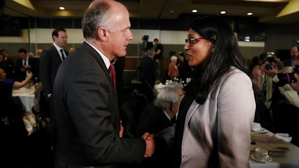 Senator Eric Abetz and Karina Okotel at the National Press Club.