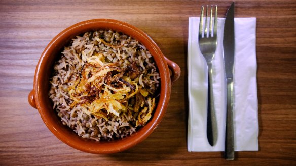 Pure comfort: Mujadara (rice and lentils topped with fried onions).