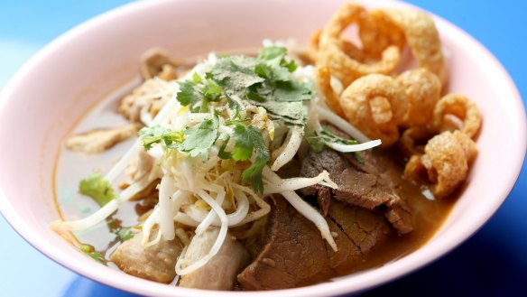 The beef boat noodles with egg noodles served at  Soi 38.