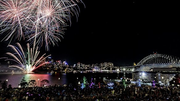 The fireworks seen from Barangaroo park.