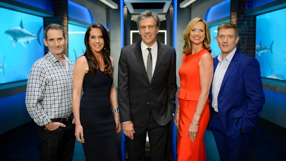 Naomi Simson with her fellow judges on Shark Tank. 