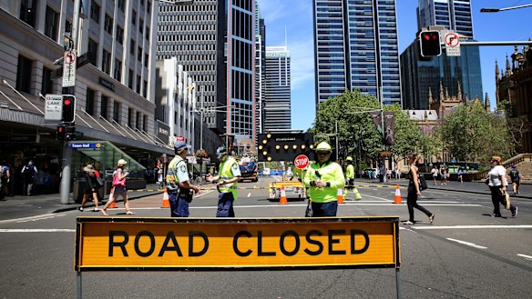 Construction workers organising the implementation of the light rail line closed roads in the central business district late last month.