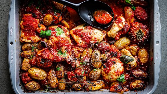 Italy with a detour to Spain: Chicken amatriciana one-tray wonder with chorizo and potatoes.