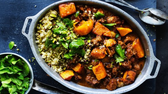 Spicy lamb braise with pistachio nuts and roast pumpkin chunks.