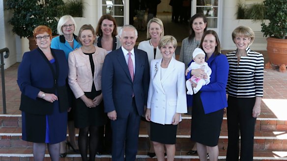 Mr Turnbull with the women in his new ministry including five women in cabinet.