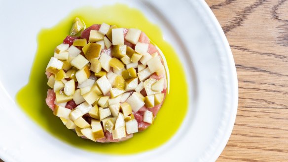 Osteria Renata's tuna tartare with beurre bosc pear and green olive.