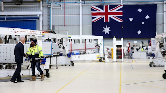 US Vice-President Joe Biden tours the Boeing factory in Port Melbourne where wing flaps are made for the 787 Dreamliner.