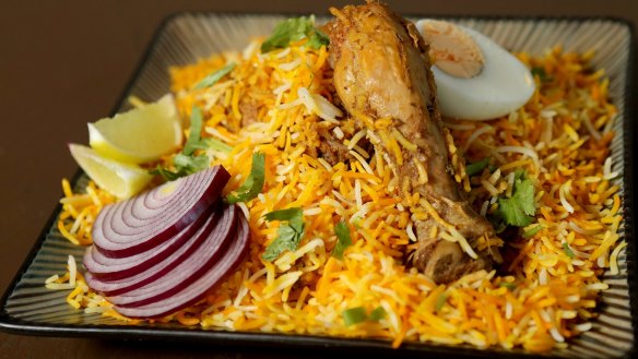 The signature biryani is slow-cooked for 90 minutes (chicken pictured, also available with goat, lamb or as a vegan version).
