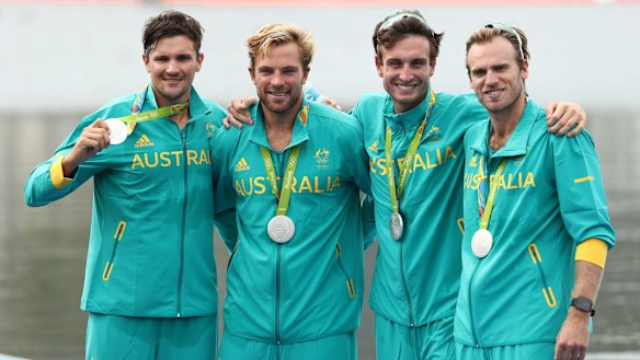 All smiles: Silver medalists William Lockwood, Joshua Dunkley-Smith, Joshua Booth and Alexander Hill.