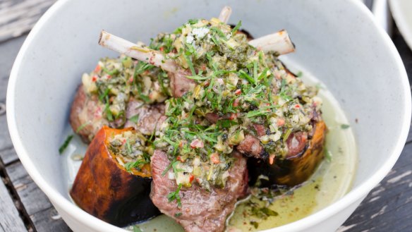 Barbecued lamb and pumpkin topped with a parsley, coriander and shallot salsa.