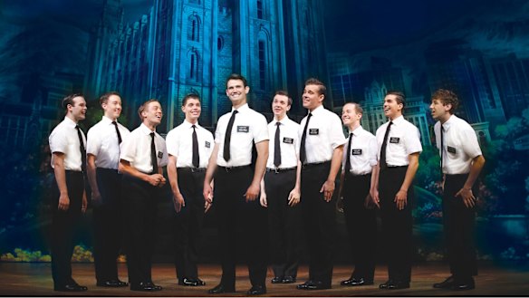 Ryan Bondy (centre) as Elder Price, AJ Holmes (far right) as Elder Cunningham and company in <i>The Book of Mormon</i>.