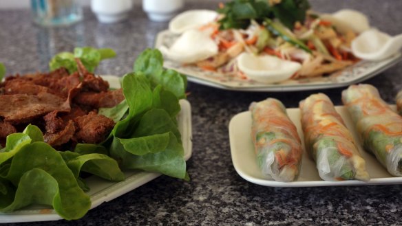 Fried lemongrass and chilli 'chicken' and fresh rice paper rolls at Loving Hut, Bankstown.