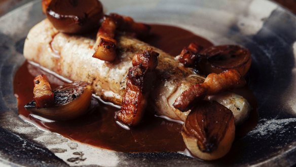 Roast flathead with house bacon and a sauce reminiscent of coq au vin.