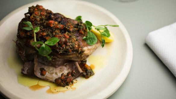 The barbecued lamb shoulder with red chimichurri.