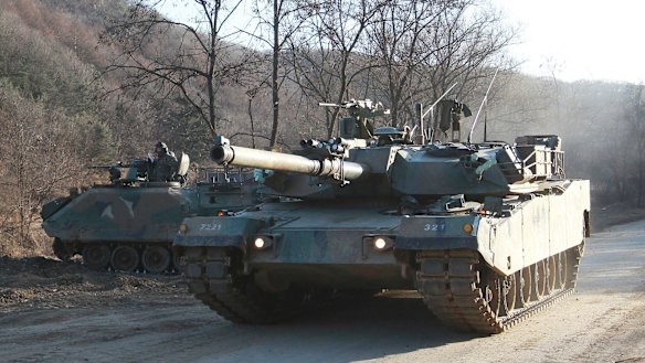 A South Korean army K-1 tank moves during an annual exercise in Paju, near the border with North Korea.