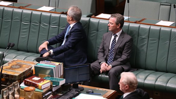Malcolm Turnbull and Christopher Pyne listen to Warren Entsch introduce a private member's bill on marriage equality in August. 