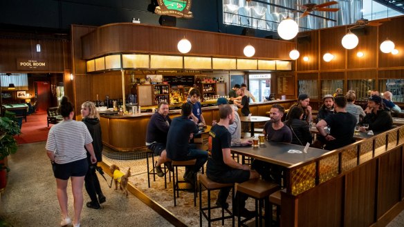 Hawke's Beer & Leisure Centre's wood-panelled bar.