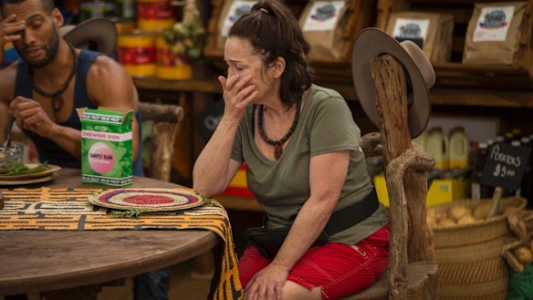 Fiona O'Loughlin gags over a box of "chewing bum" on I'm A Celebrity Get Me Out Of Here!