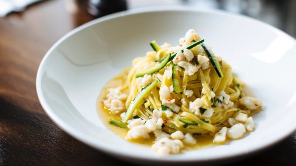 Tipo 00's spanner crab tagliolini with zucchini and chilli is equal eaten indoors or out. 