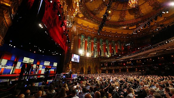 Full house: the Republican presidential primary debate at Fox Theatre, Detroit, on Thursday. 