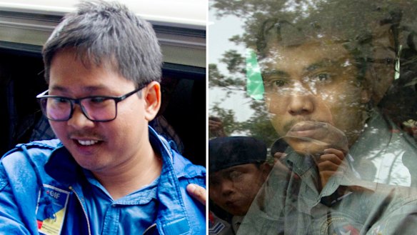 Reuters journalist Wa Lone, left, and Kyaw Soe Oo, also known as Moe Aung, are pictured outside court near Yangon, Myanmar on December 27.