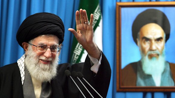 Iran's Supreme Leader, Ayatollah Ali Khamenei, delivers a sermon in 2012 beside a portrait of Ayatollah Ruhollah Khomeini, the figurehead of the Iranian Revolution.