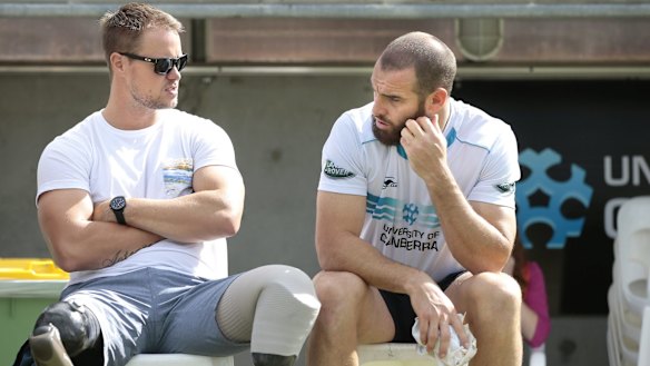 Training for the future: Kayaker Curtis McGrath chats to ACT Brumbies’ Scott Fardy.