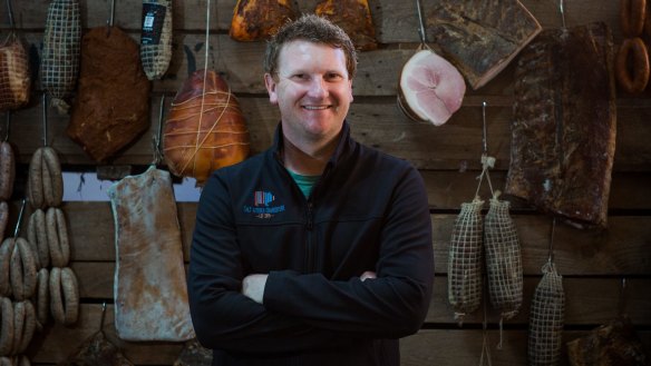 Charcuterie maker Mick Nunn, of Salt Kitchen, surrounded by his products. 