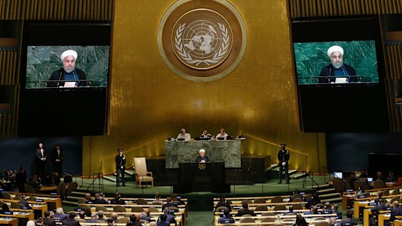 Iranian President Hassan Rouhani delivers his speech to the United Nations General Assembly on Wednesday.