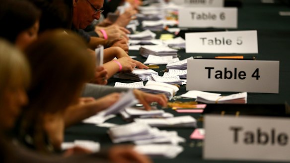 Ballot papers are checked ahead of the count at the in Kendal, United Kingdom.