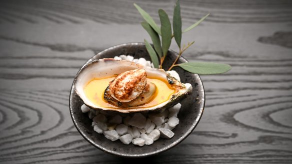 Oyster steamed in its shell with chawanmushi, foie gras butter and yuzu meringue.
