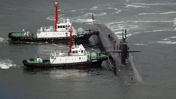 The nuclear-powered submarine USS Michigan at Busan in South Korea on April 25.