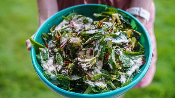 Roasted and raw broccoli with chilli, mint and lemony tahini dressing.