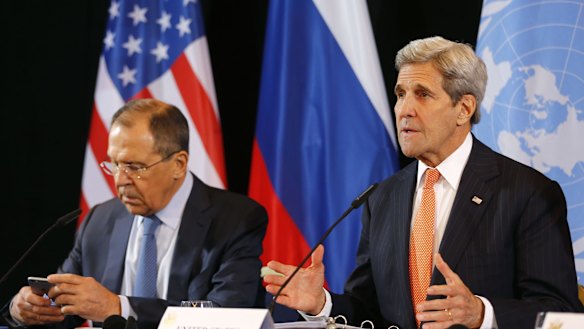 US Secretary of State John Kerry, right, and Russian Foreign Minister Sergey Lavrov at a news conference after the International Syria Support Group meeting in Munich on Friday. 