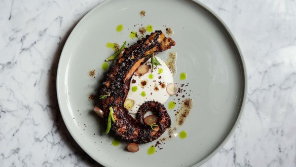 The sumac-grilled octopus with ajo blanco garlic and almond emulsion.