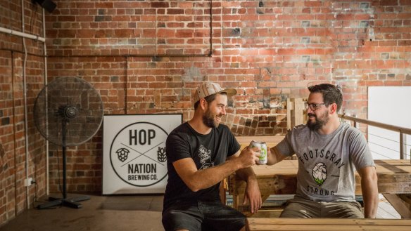 Hop Nation co-owners and brewers Duncan Gibson and Sam Hambour produce The Karma, a 5 per cent ABV oatmeal stout.