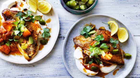Neil Perry's snapper with spiced sweet potato and yoghurt