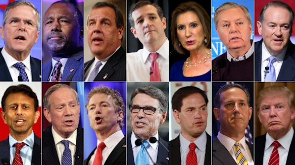 The 2016 Republican presidential candidates who have officially declared their candidacy as of Sunday. Top from left: Jeb Bush, Ben Carson, Chris Christie, Ted Cruz, Carly Fiorina, Lindsey Graham and Mike Huckabee. Bottom from left: Bobby Jindal, George Pataki, Rand Paul, Rick Perry, Marco Rubio, Rick Santorum and Donald Trump. 